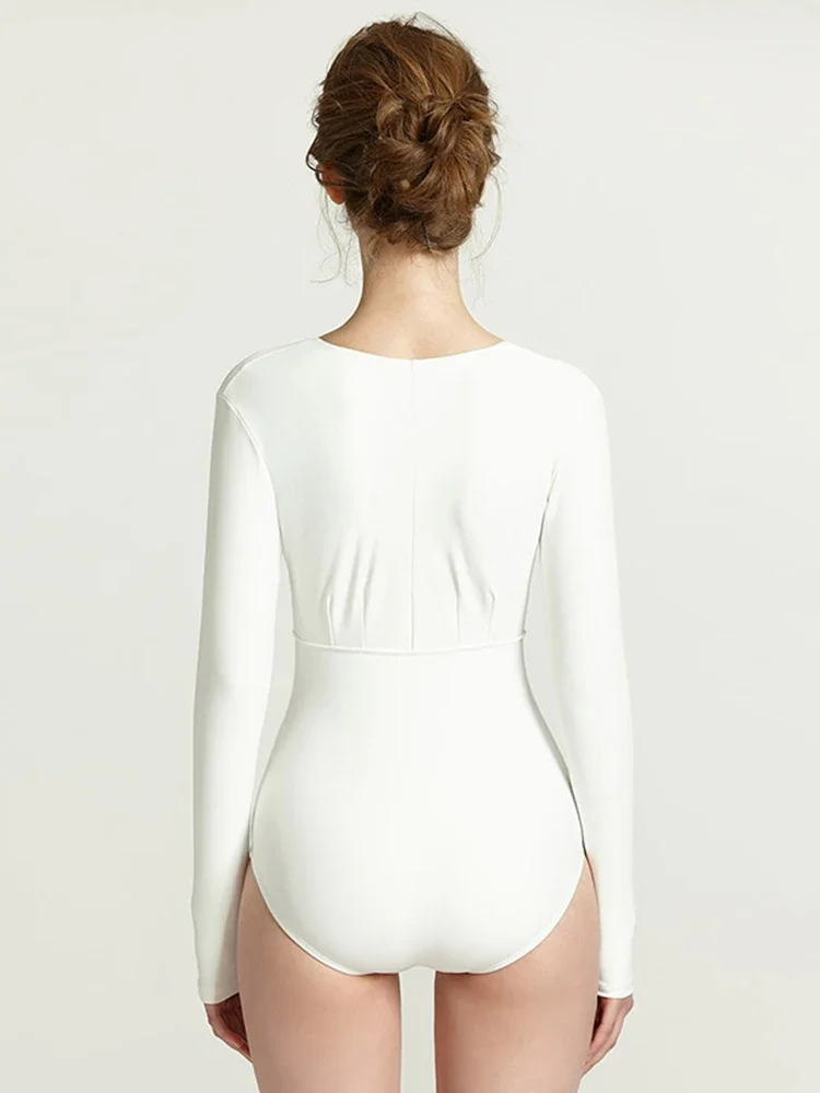 

White Swimsuit Women V Neck Long Sleeve Bodysuit Slim Sexy Beachwear Summer 2025 New Korean Simple One-Pieces Swimwear