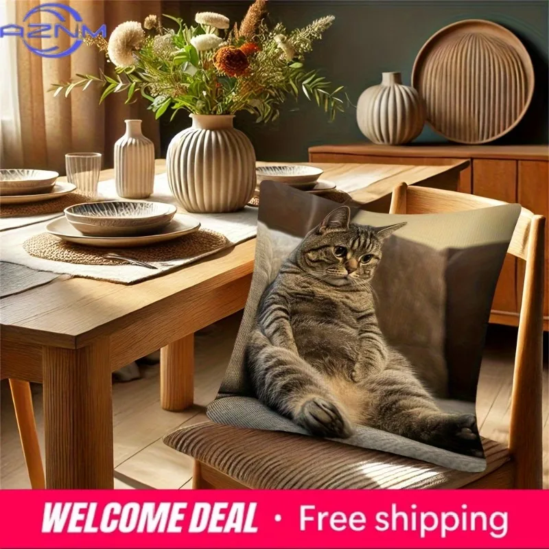 1pc Large Fluffy Gray Tabby Cat Pillow Cover - Soft Polyester Cushion Case with Zipper Closure, Realistic Sitting Cat Design