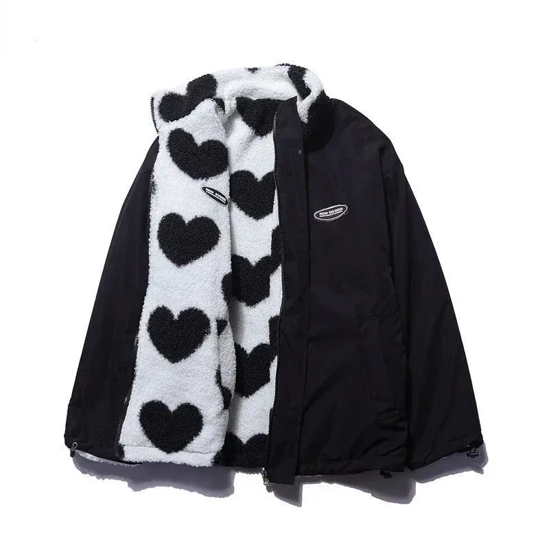 

2022 autumn and winter new love lambswool cotton-padded jacket double-sided collar jacket couple loose jacket warm Y2KCosliu