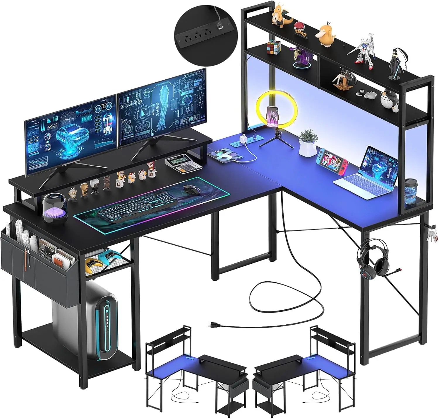 Small L Shaped Gaming Desk with LED Lights & Power Outlets, Reversible L-Shaped Computer Desk with Monitor Stand & Storage Shelf