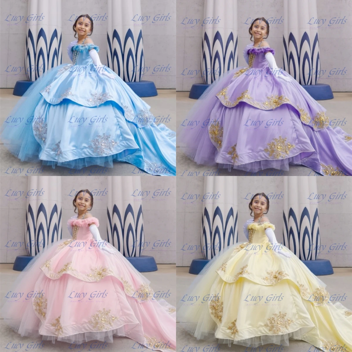 

Quality Flower Girl Dress Blue Satin Fluffy Applique for Wedding Dresses Little Princess Birthday Party Evening Ball Gowns
