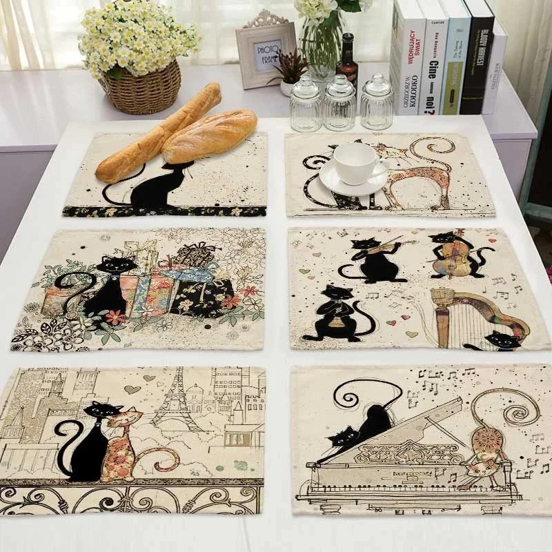 30x40cm Couple Black Cat Linen Placemat Coaster Pad  Dining Table Mats Bowl Cup Kitchen Cotton Coffee Mat Home Decoration
