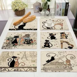 30x40cm Couple Black Cat Linen Placemat Coaster Pad Dining Table Mats Bowl Cup Kitchen Cotton Coffee Mat Home Decoration
