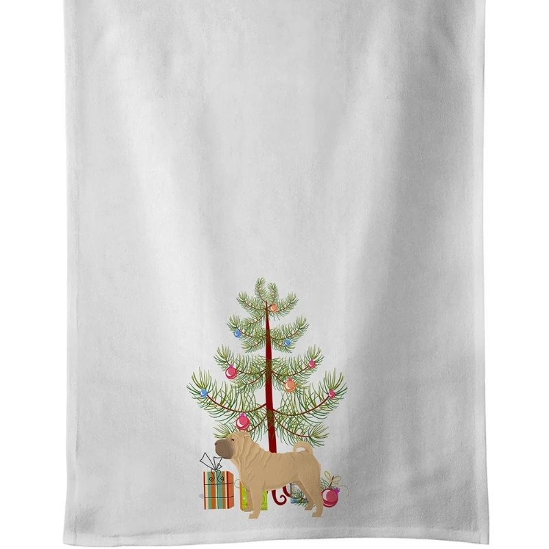 

100% Cotton Shar Pei Christmas Kitchen Towel Set Of 2 White Decorative Dish Towels Multi Use Machine Washable Collectible Gift