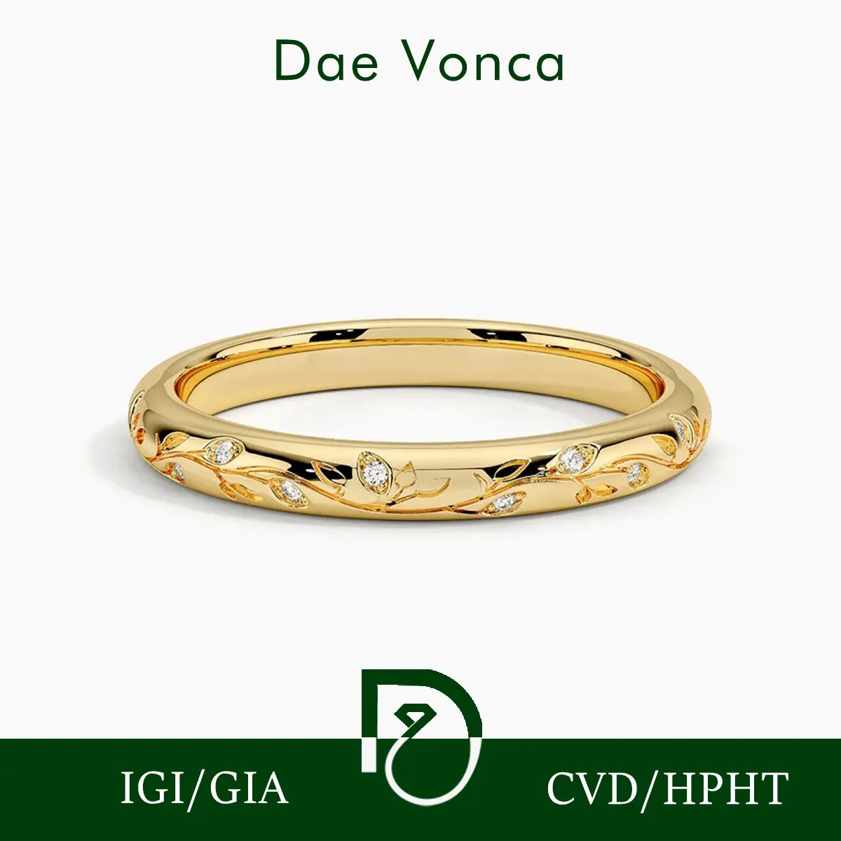 

9K/14K/18K Yellow Gold Wedding Band DE VS+ Brilliant Round Lab Grown Diamond IGI Certified Leaf Vine Engraved Diamond Ring