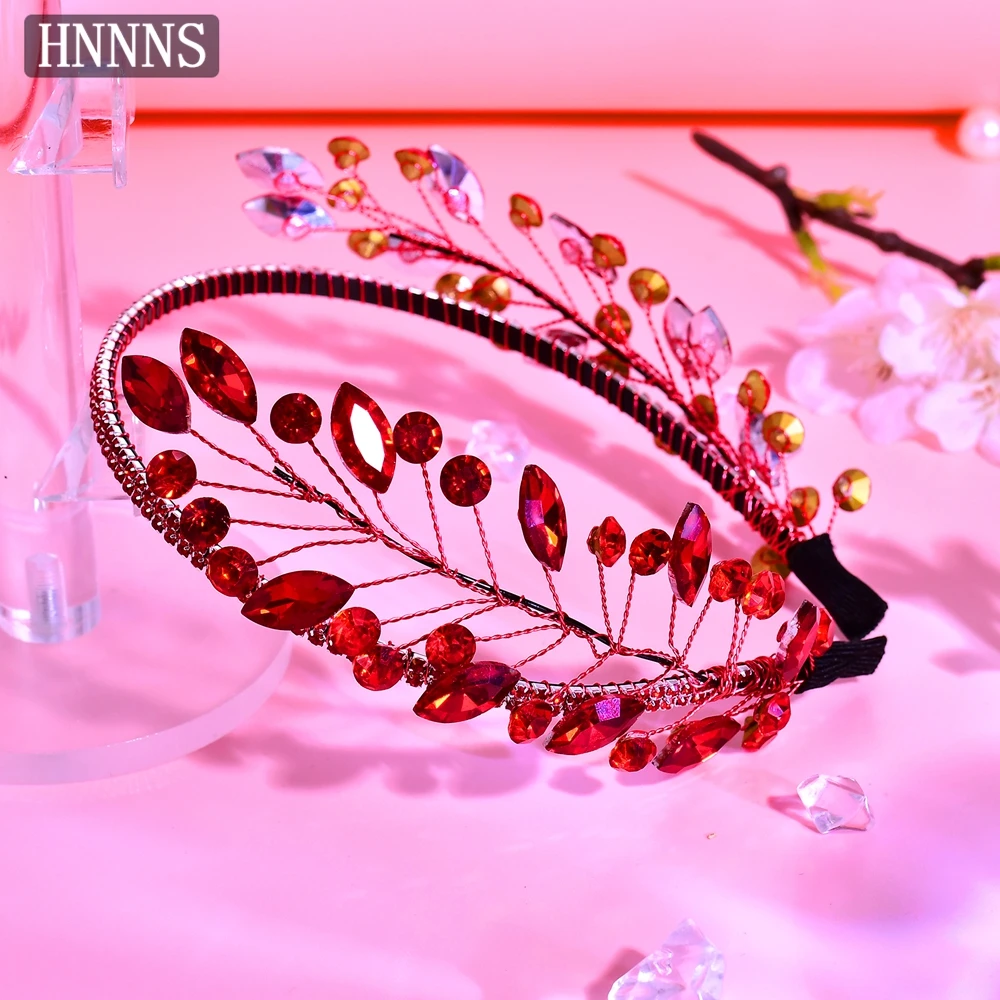 

HNNNS Red Bridal Rhinestone Headband Atmosphere Girl's Hair Hoop Elegant And Bright Headpiece Prom Party Hair Accessories A229