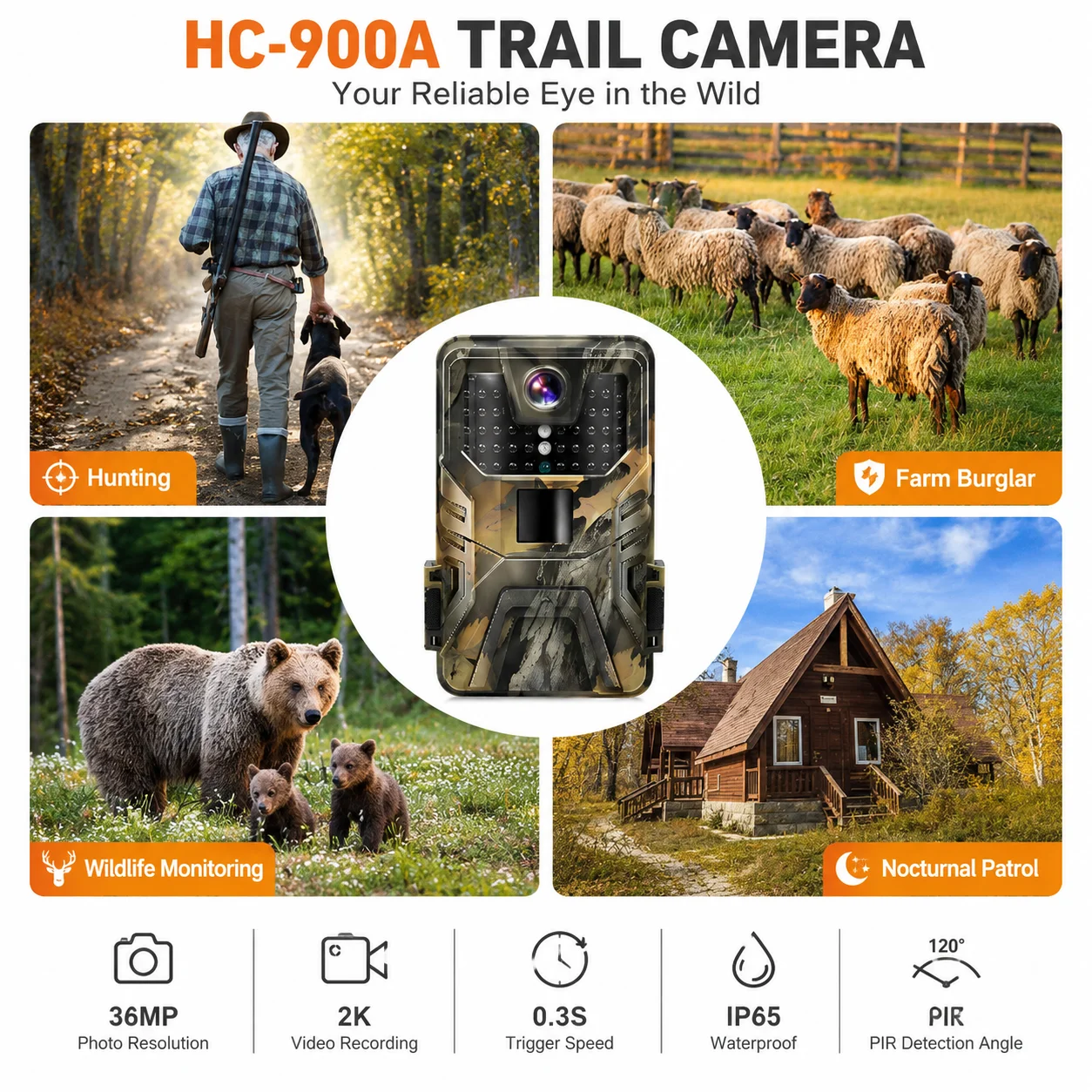 Suntek 900A 2K 36MP Trail Camera No‑Glow Night Vision 120° PIR IP66 Waterproof Wildlife Photo Trap Game Cam Animal Monitor