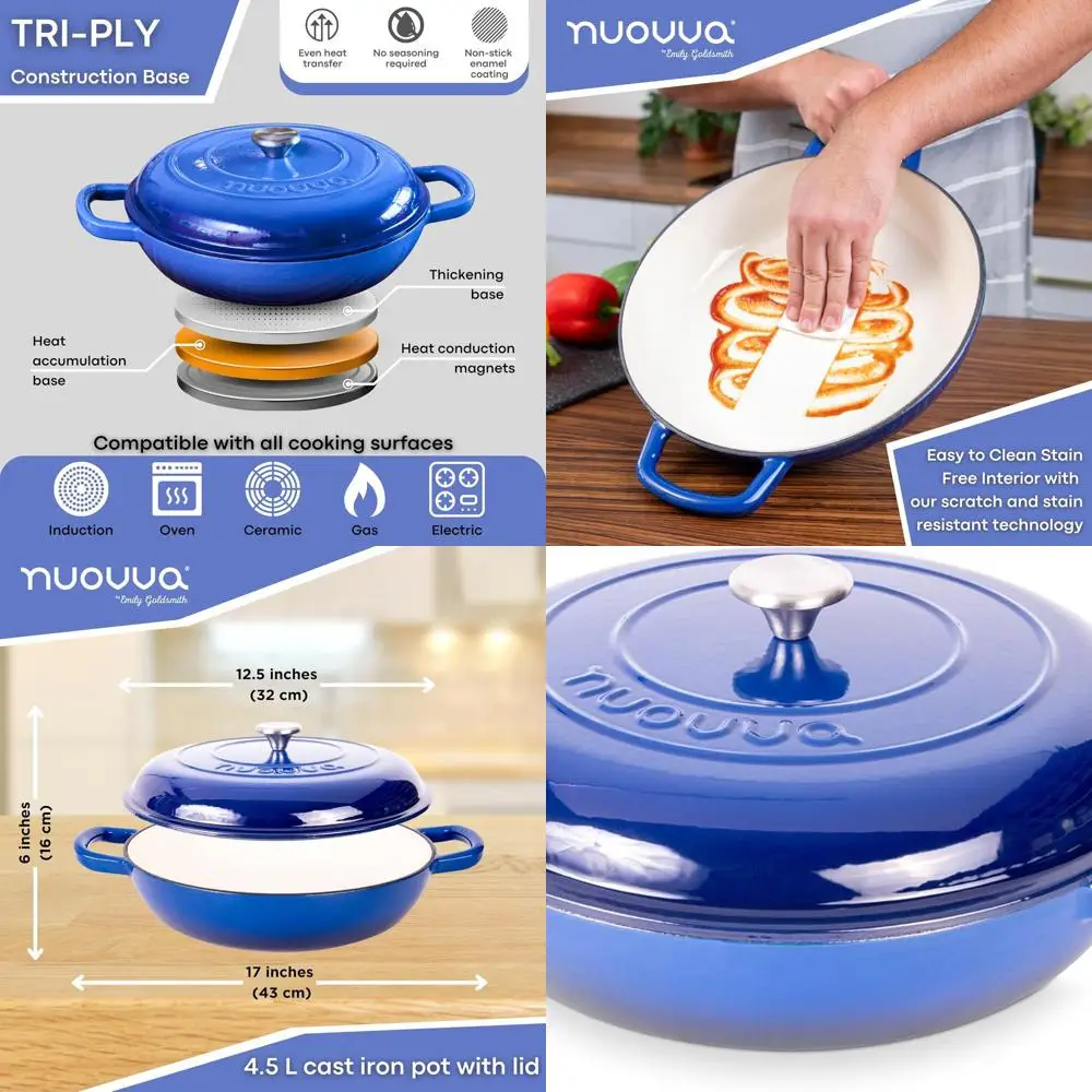 

Кастрюля с антипригарным покрытием, 5 литров, темно-синяя эмалированная чугунная с крышкой, безопасная для духовки до 500 ° F, прочная кастрюля