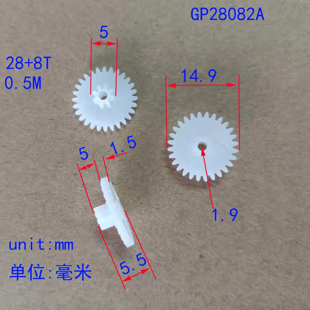 Duplo plástico engrenagem buraco para RC Car Robot, DIY peças do brinquedo, acessórios do modelo, brinquedos do menino, GP28082A, 0.5m, 1.9mm, 28 + 8T, 10 PCs, 100PCs