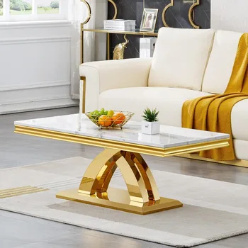 Image Modern Marble 47inch Rectangular Coffee Table with Imitation Marble Top and Golden Geometric Stainless Steel Base Home Furniture