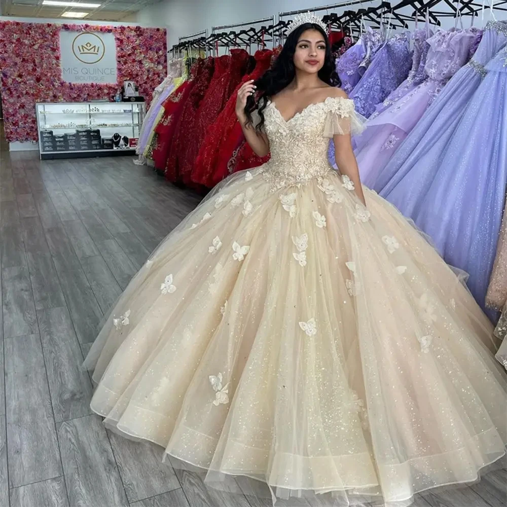 

ANGELSBRIDEP Champagne Tulle Ball Gown Quinceanera Dresses For Sweet 15 16 Dress Applique Vestidos De Baile Birthday Party Gowns