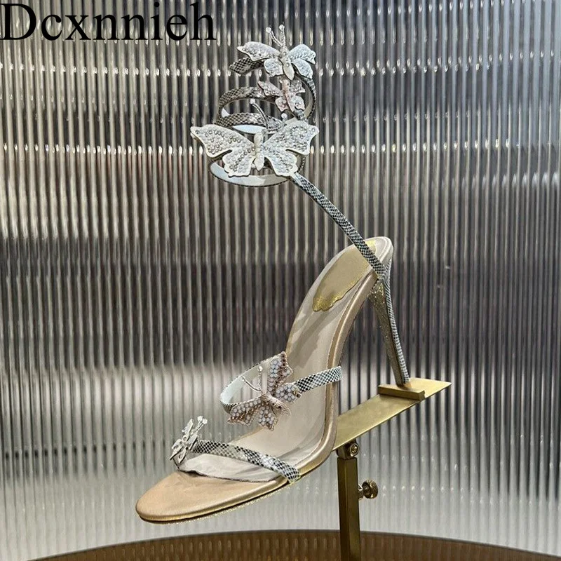 

Thin High Heel Sandals Women Genuine Leather Shiny Butterfly Rhinestone Decor Gladiator Sandalias Summer Sexy Party Dress Shoes