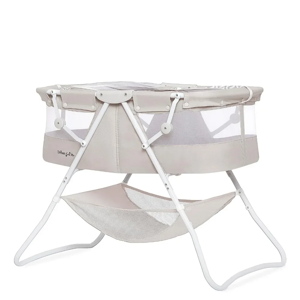 Bassinet dalam warna abu-abu, Bassinet bayi portabel ringan, lipat cepat dan mudah dibawa, kanopi ganda dapat disesuaikan