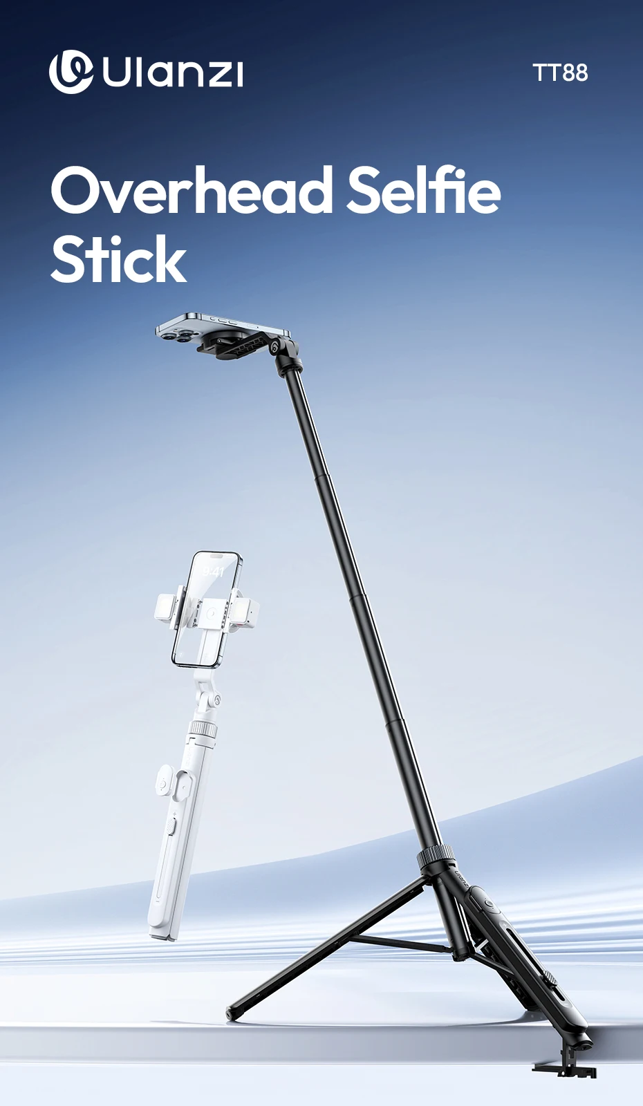 Ulanzi TT88 Overhead-Selfie-Stick 1,44 m mit MagSafe-Klemme, Fotografie-Stativ für Smartphone-Livestreaming und Vlogging mit Fernbedienung, Dual Cold Shoe, Fernbedienungslicht, Desktop-Aufnahme, Mantis-Halterung – Detail 16