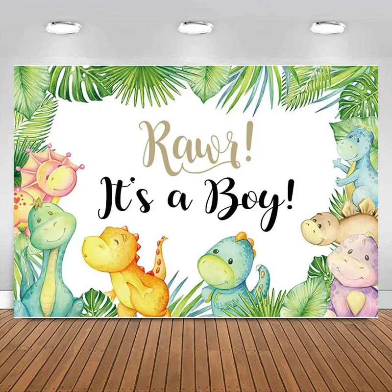 It's a boy Baby Shower Cartoon Dinosaur Backdrop Tropical Jungle Animals Photography Background Kids Newborn Banner  Decoration