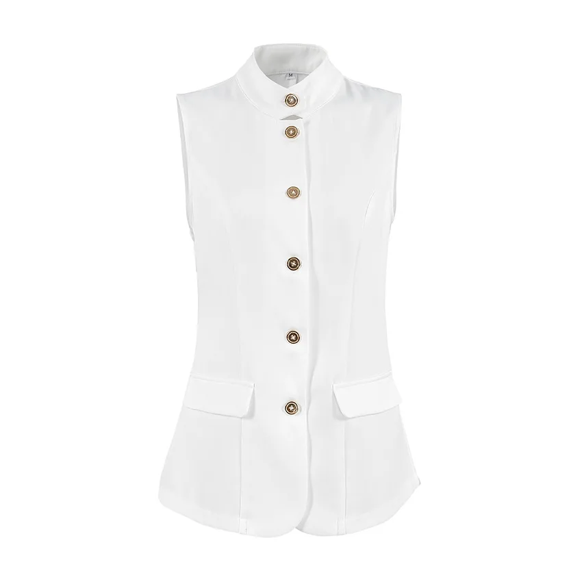 2025, veelzijdige mode-temperament mouwloze vesttop voor lente en zomer, wit casual overhemd met kleine opstaande kraag en woon-werkverkeer