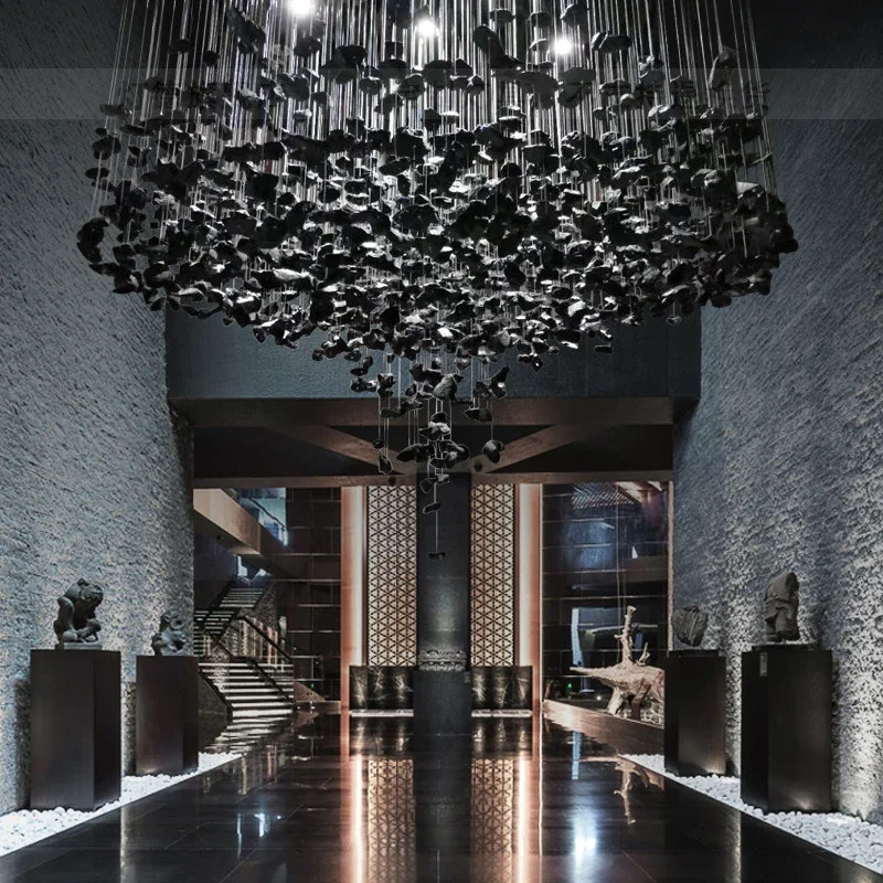 

Black Art Modern Luxury Stone Crystal Ceiling Chandelier LED Hanging Lamp For Staircase Hallway Lobby Home Indoor Fixture