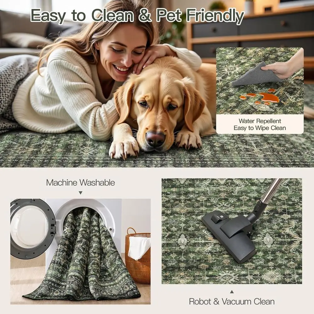 Green 9x12 Boho Area Rug - Soft, Washable, Non-Slip Backing for Living Room, Bedroom, Dining Room, and Home Office