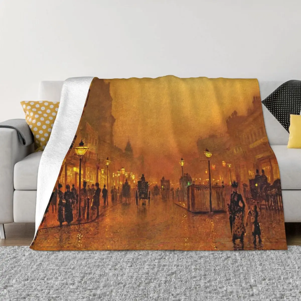 John Atkinson Grimshaw - A Street at Night Throw Blanket Beautifuls Sofa Blankets