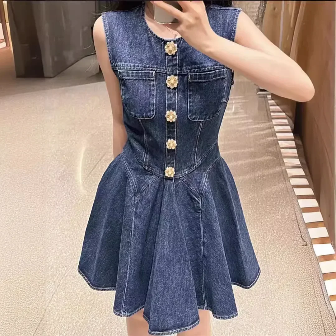 

2024 Summer Women's New Denim Dress Diamond Waist Sleeveless Single Breasted Elegant Ladies Mini Dress