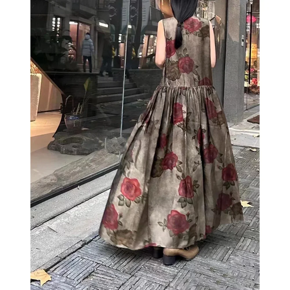 Dark Classic Elegant Rose Print Sleeveless Round Neck Long Dress 2Colors