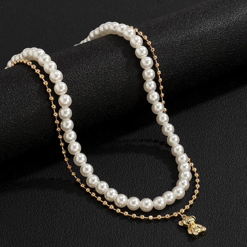 Exquisite Layered Necklace Imitation Pearl Bear Pendant Necklace Ladies Charm Banquet Prom Jewelry Sweater Chain Accessories