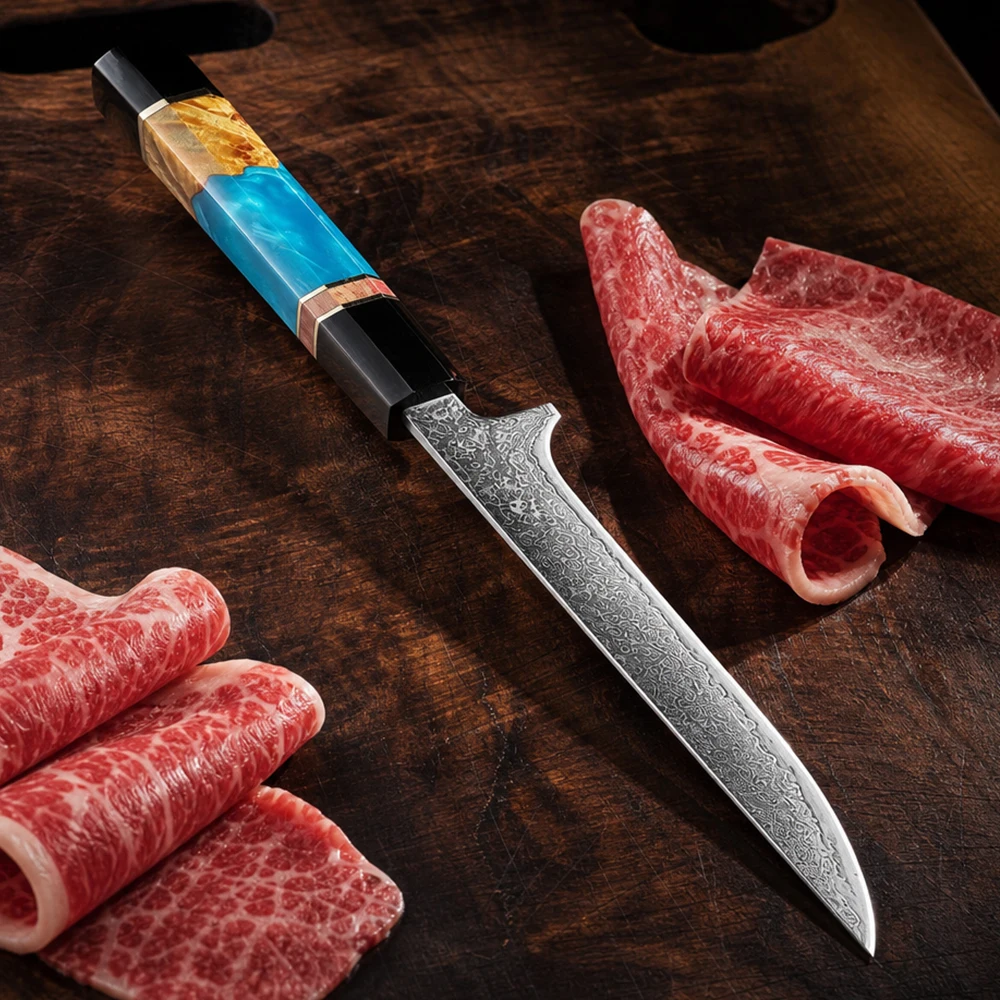 XITUO Japanese Boning Knife 6“ Damascus VG10 Steel-Flexible Fillet Knife for Meat Poultry Fish & Octagonal Black Cowhorn Handle