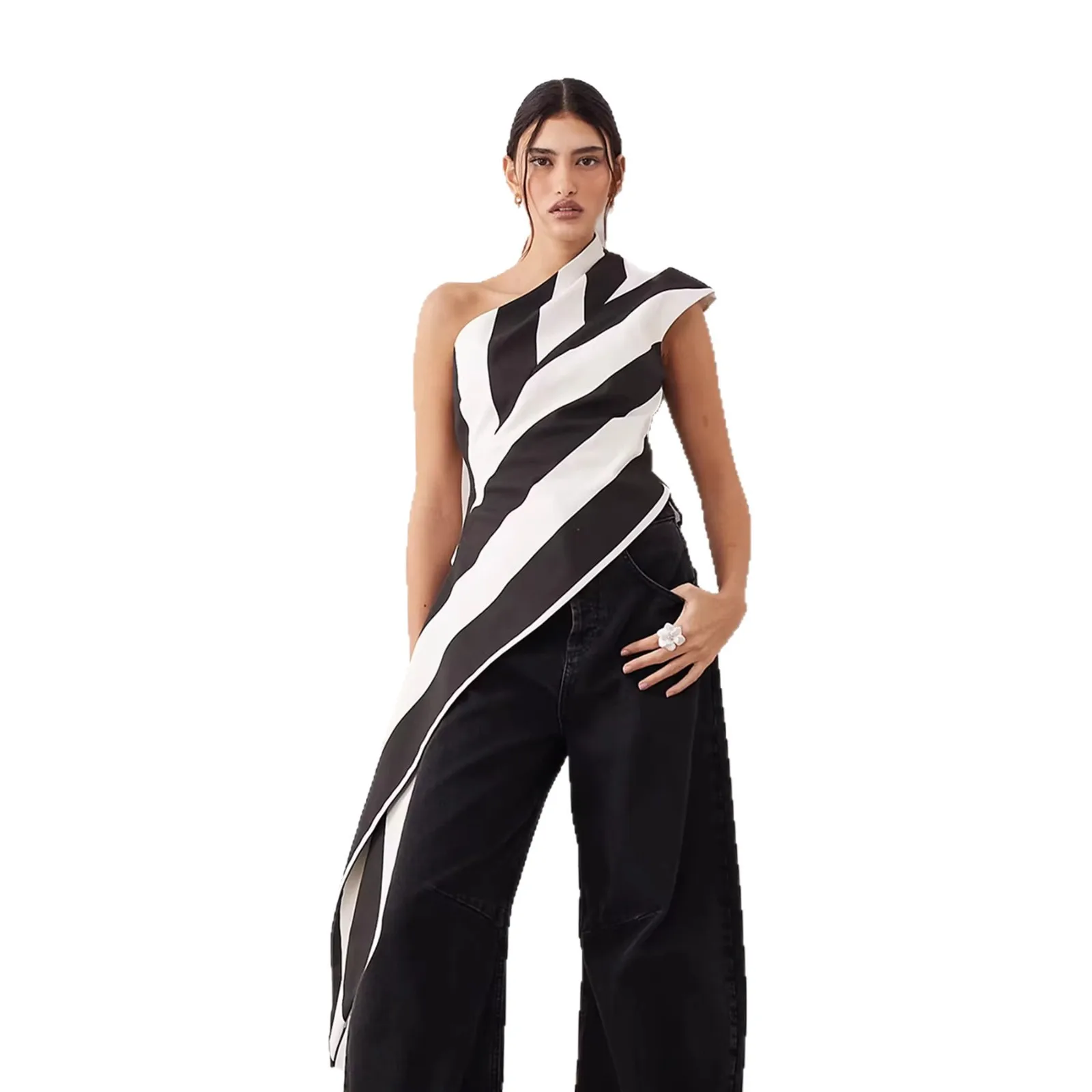 American Retro Striped Chiffon Shirt Women's Summer Fashion Design Sense Spice Girl Slanted Shoulder Top Asymmetrical Pleated - view 5