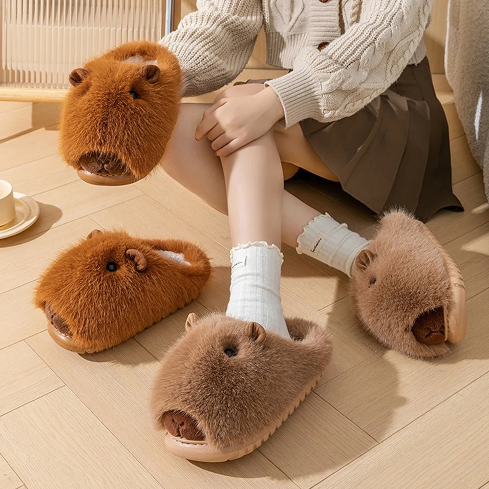 Plush Capybara Slippers Closed Toe Slippers Comfortable Slip-on House Shoes Non-Slip Fuzzy Capybara Slippers for Indoor Bedroom