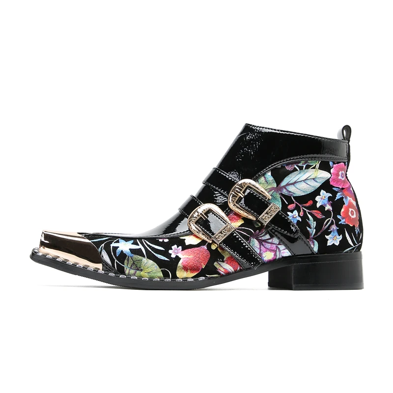 Elegant Ankle Boots For Men Print Patchwork Genuine Leather Chelsea Party Wedding Mens Shoes Steel Toe Buckle Bota Masculina