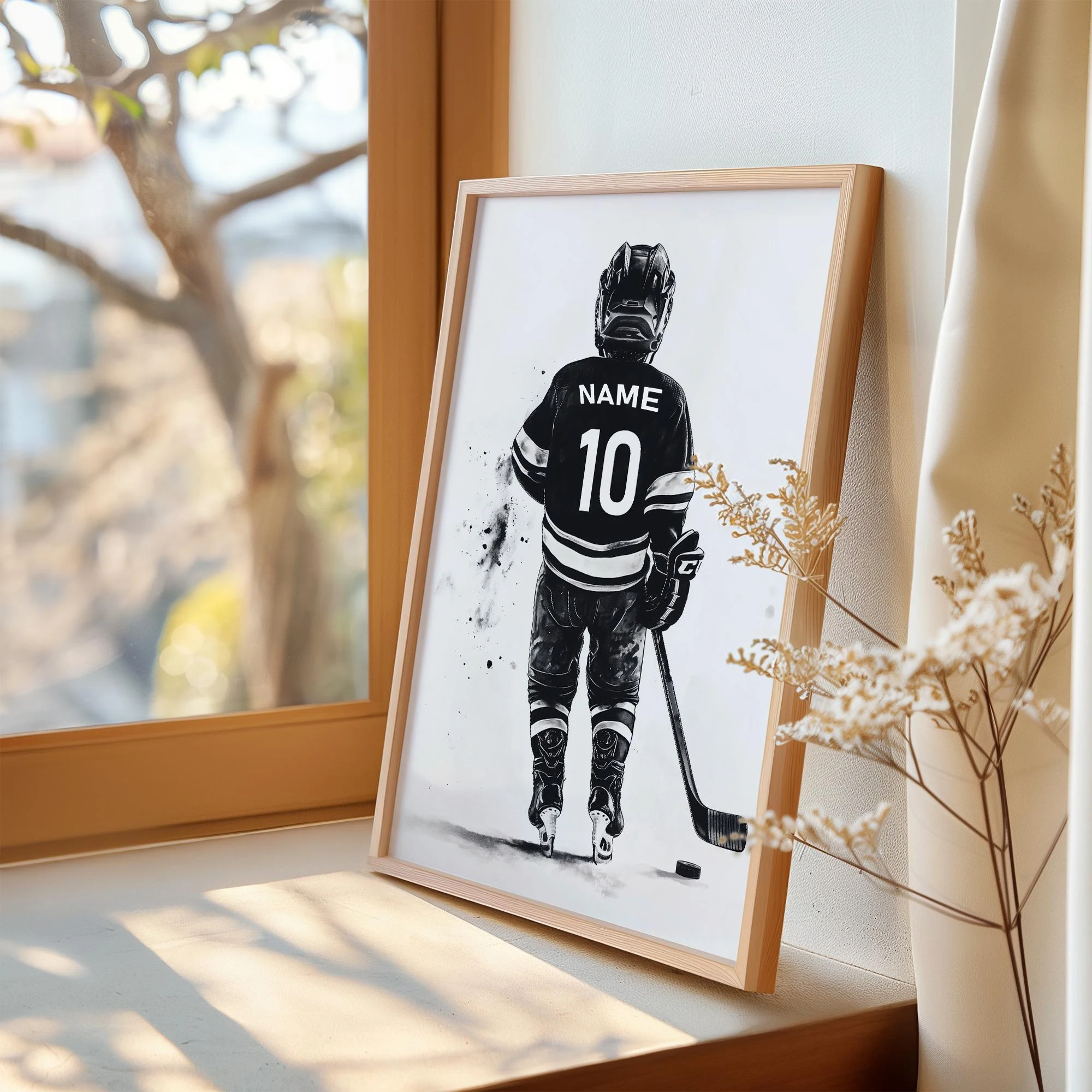 Personalisieren Sie Ihren Hockey-Namens und -Nummer, Leinwanddruck, Hockey, Schwarz, Weiß, Sport-Wandkunst, Poster für Jungenzimmer, Heimdekoration, Eishockey-Geschenk