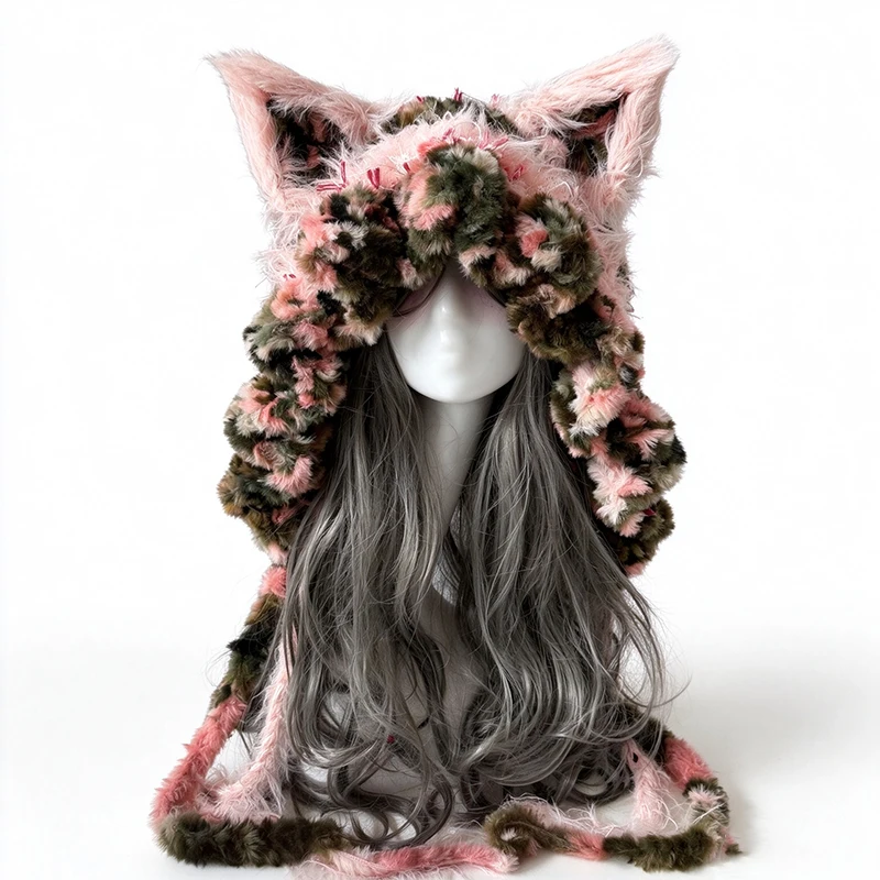 Handmade Pink Green Kawaii Fox Ear Hat Women Winter Warm Custom Crochet Ruffled Knit Beanie Girl Sweet Fairy Cosplay Hood Cap