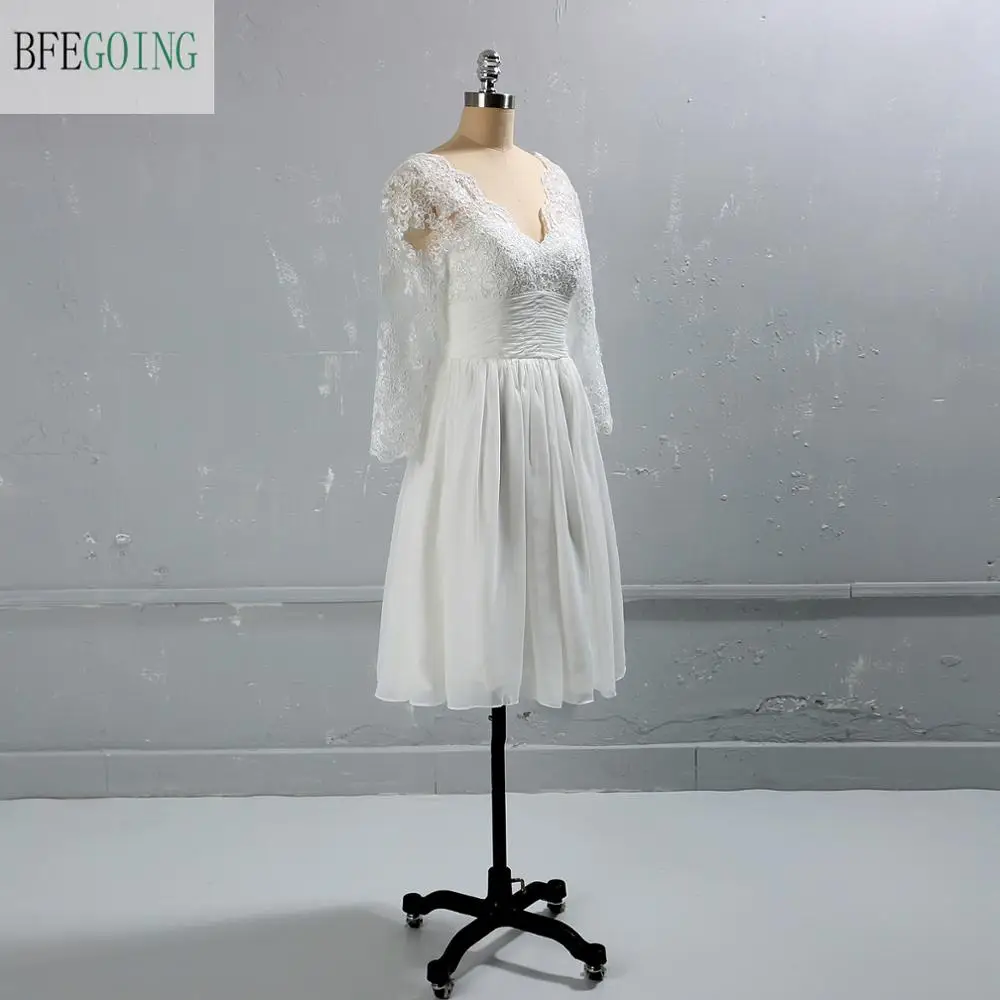 Laço branco chiffon mangas compridas com decote em v na altura do joelho a linha vestidos de casamento feitos sob encomenda vestidos de noiva curtos