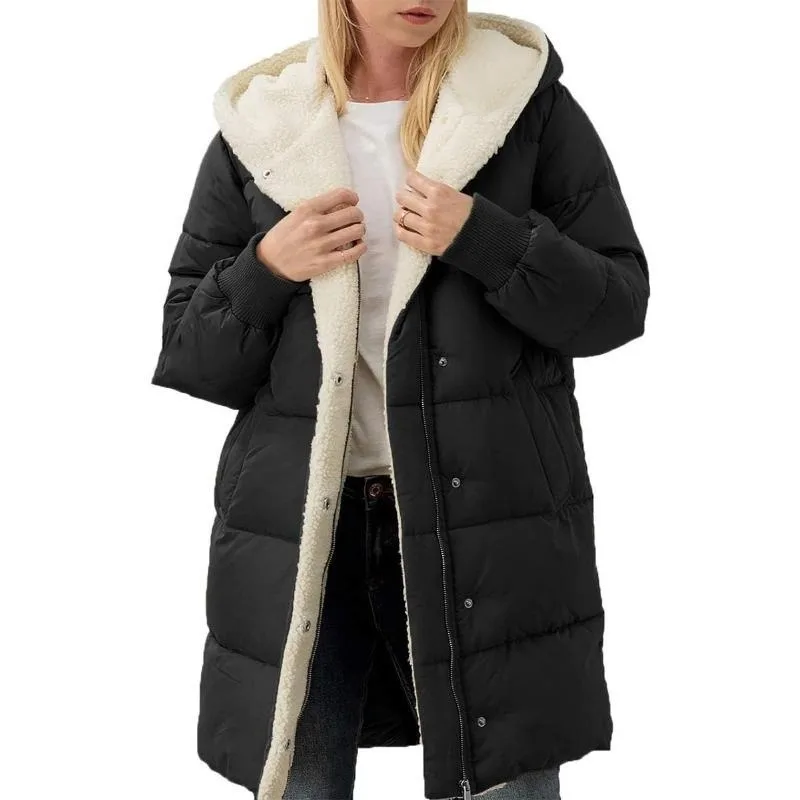 Women's Clothing Solid Warm Fleece Hooded Cotton Coat Long Sleeves Double-sided Velvet Slim Fit Elegant Cardigan Outerwear Top