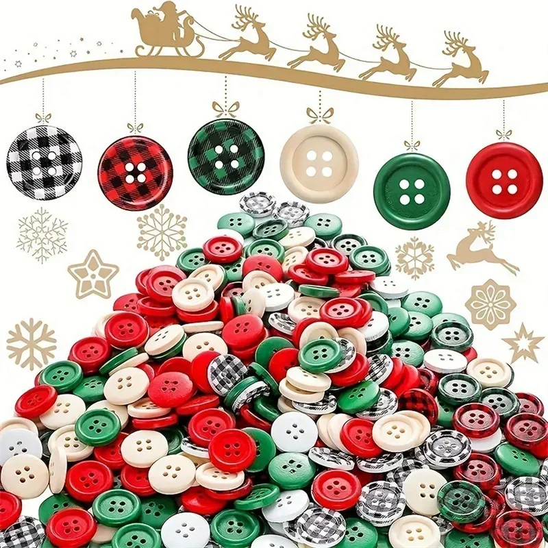 

300Pcs Christmas Wooden Buttons, 6 Colors, 20mm, Plaid Wooden Buttons, 4 Holes, Green and Red Wooden Buttons