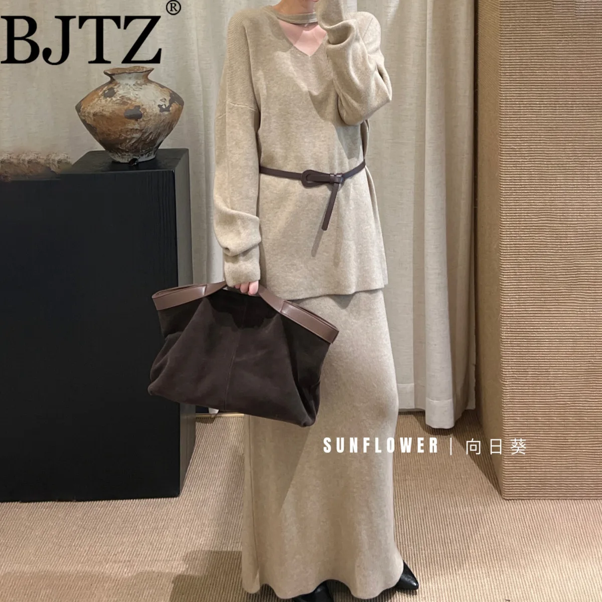 BJTZ Retro Knit Sweater Dress Set Women 2025 Vintage Loose Lounge Comfortable Elegant Simple Premium  Casual Warm Autumn Winter