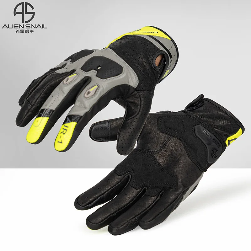 

ALIEN SNAIL Motorcycle Glove Summer Breathable Bicycle Full Finger Gloves Leather Retro Motorcycle Touch Screen Cycling Gloves