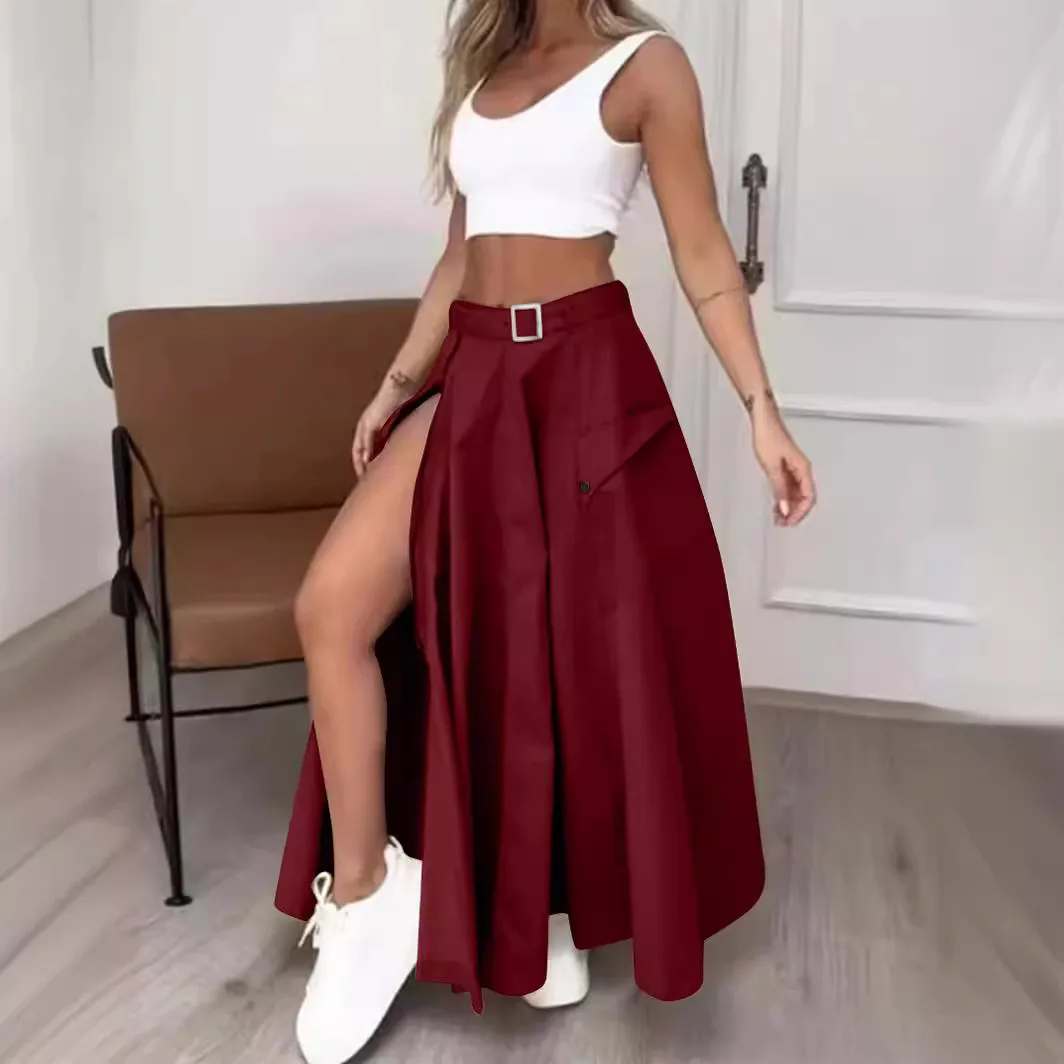 Elegant Skirt Women Irregular Split Long Skirts Belt A Line Loose Solid Casual Splice Outwear Autumn High Waist Streetwear