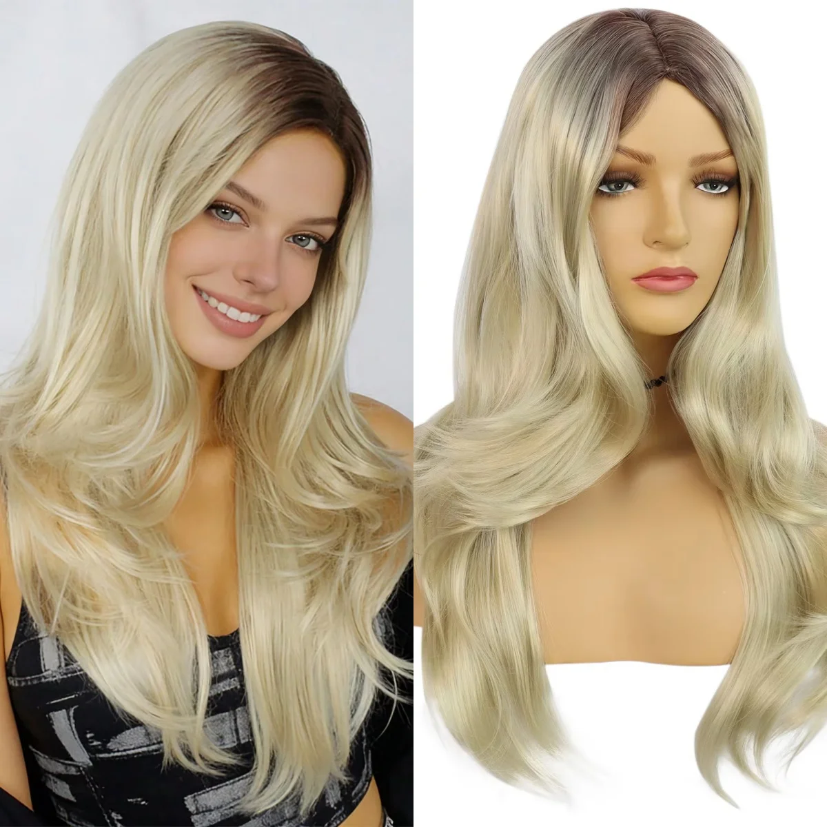 

Women Synthetic Wig Women Platinum Blonde Body Wave Wig with Dark Root, Fashion Curly Wig forHalloween Cosplay Party Wig