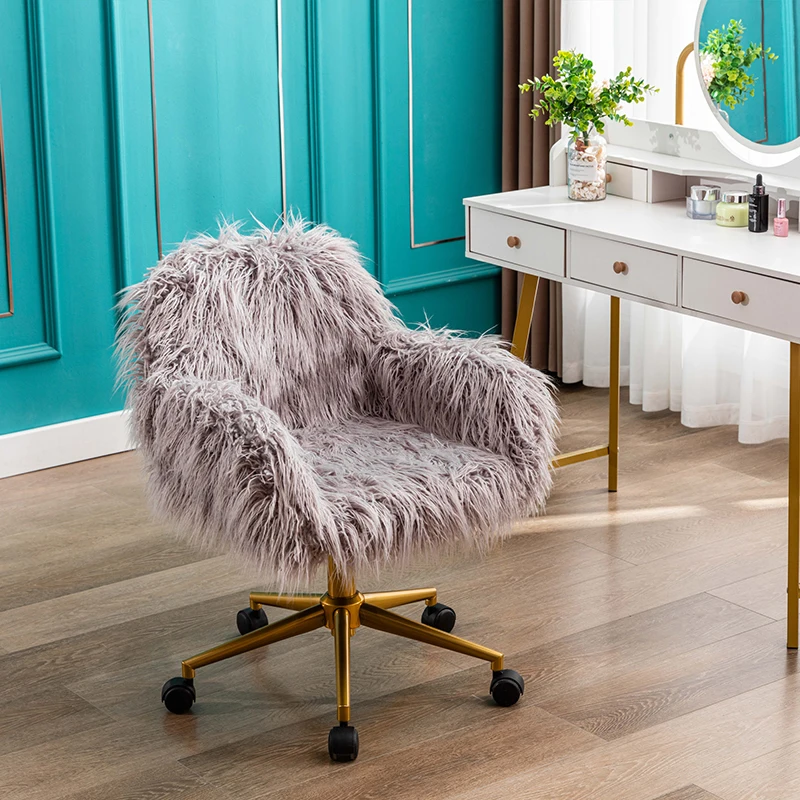 HengMing Modern Faux fur home office chair, fluffy chair for girls, makeup vanity Chair with Gold Plating Base 