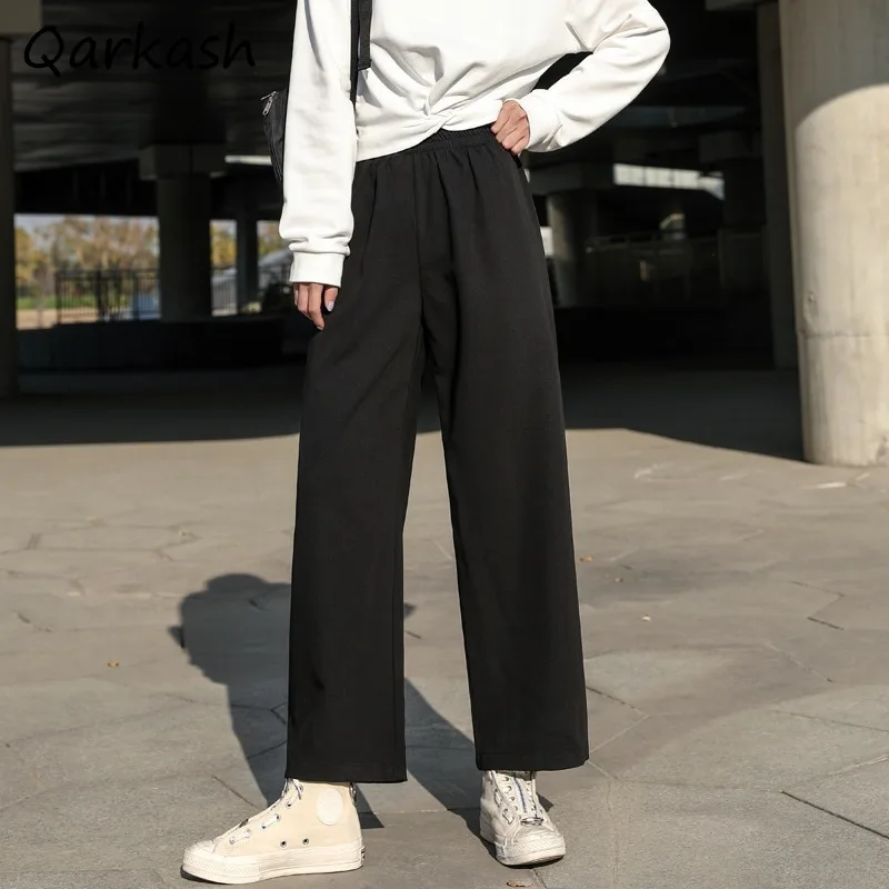 

Брюки с девятью точками, женские осенние простые шикарные эластичные брюки с высокой талией, свободный крой, корейские универсальные студенческие повседневные прямые широкие брюки