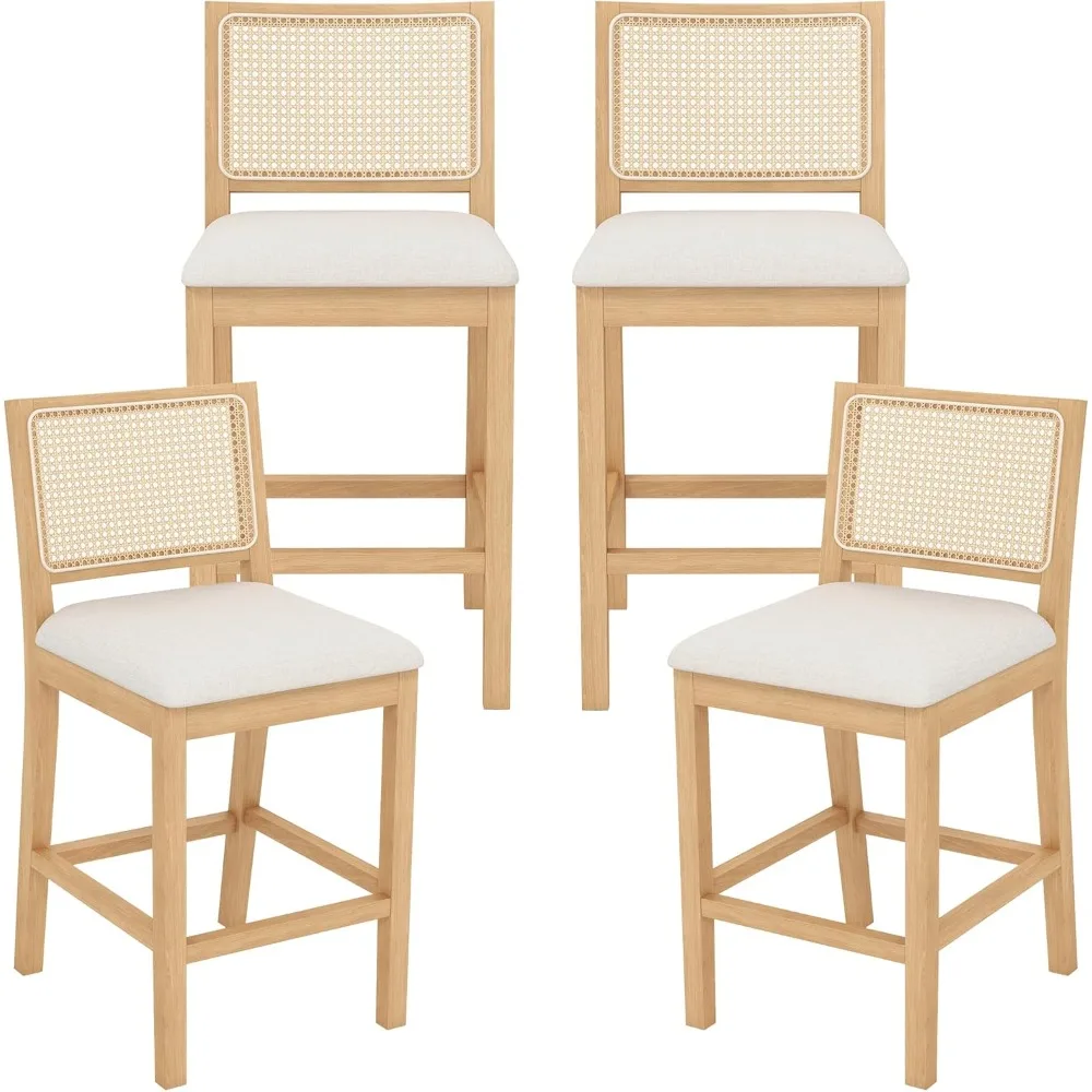 

Rattan Bar Stools Set of 4, 26" Farmhouse Counter Height Stools with Natural Rattan Back and Wood Frame, Upholstered Line Fabri