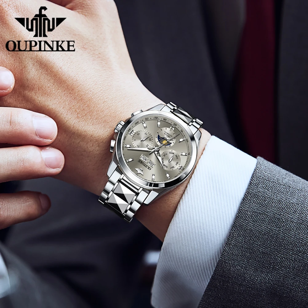 OUPINKE 3201 Watch For Men Moon Phase Mechanical Man Watch Waterproof Date Male Automatic Wristwatch Synthetic Sapphire Mirror