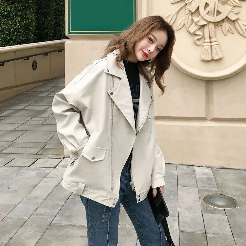 Small Leather Female Slimming ins Wind 2023 Spring Autumn Korean Version Leather Jacket] Locomotive PU Leather BF Leather Female