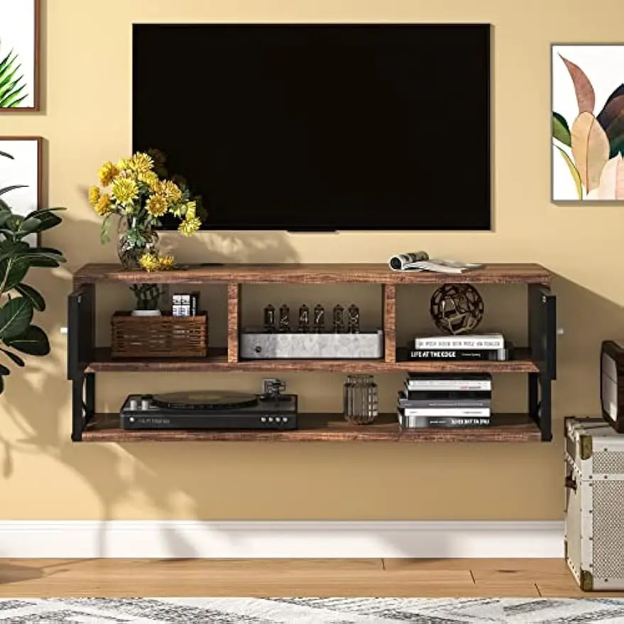 Floating TV Stand, Wall Mounted Media Console w/ Doors, 40” Farmhouse Floating Entertainment Center with Storage, Brown