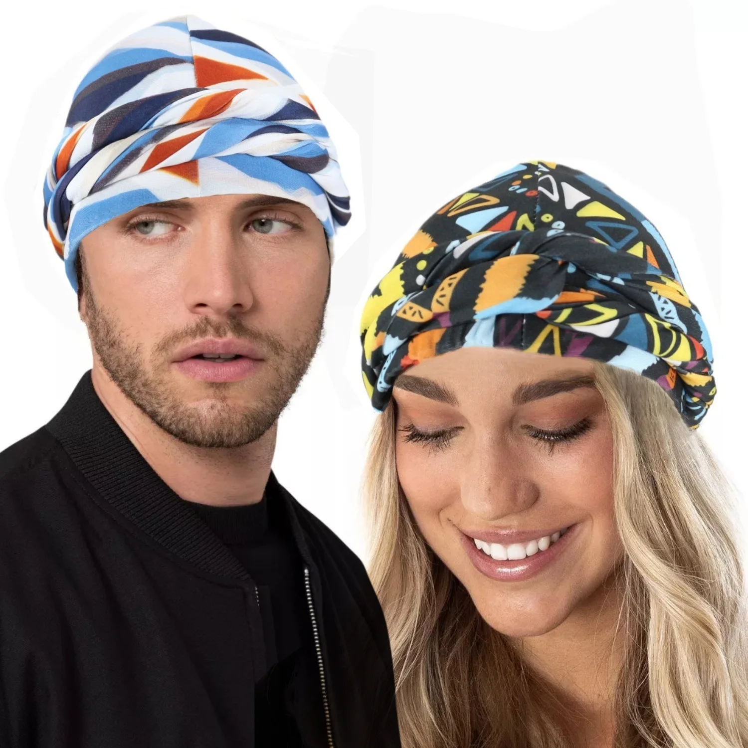 New Men's and Women's Headscarf Hat with Printed Twist Tail Hat Double-layer Simulated Silk Inner Braided Hat Balaclava