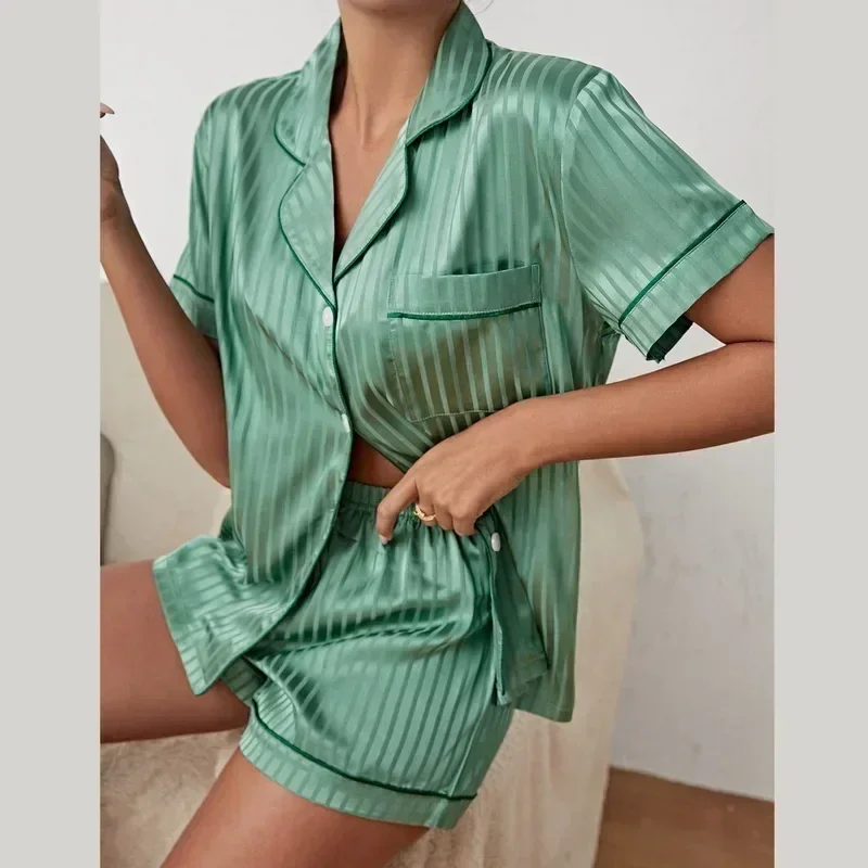 Women Sleepwear Summer Pajama Set  Turn Down Collar Faux Silk Satin Short Sleeve Top+Shorts Female Pijama Homewear Suit