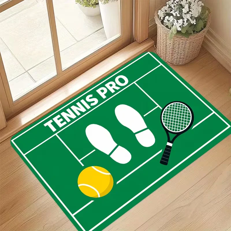 Green Tennis Court Pro Racket Ball Print Doormat Anti Slip Floor Mat Sport Lover Front Door Mat Entryway Porch Decor Rug