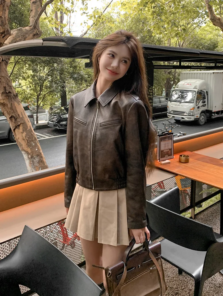 2024 Genuine leather jacket, motorcycle leather jacket, women's American sweet and cool lapel, genuine leather short jacket, top