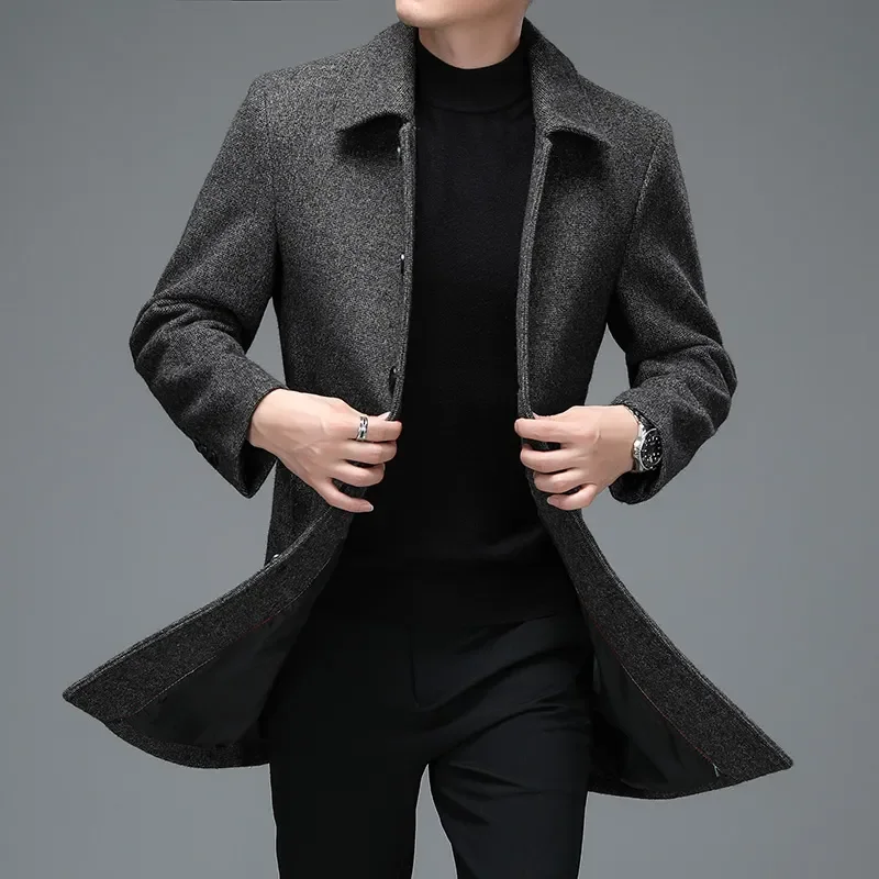 

High Quality Mens Winter Jackets And Coats Business Casual Woolen Jackets Coats Long Overcoat Men Turn Down Collar Wool Blends